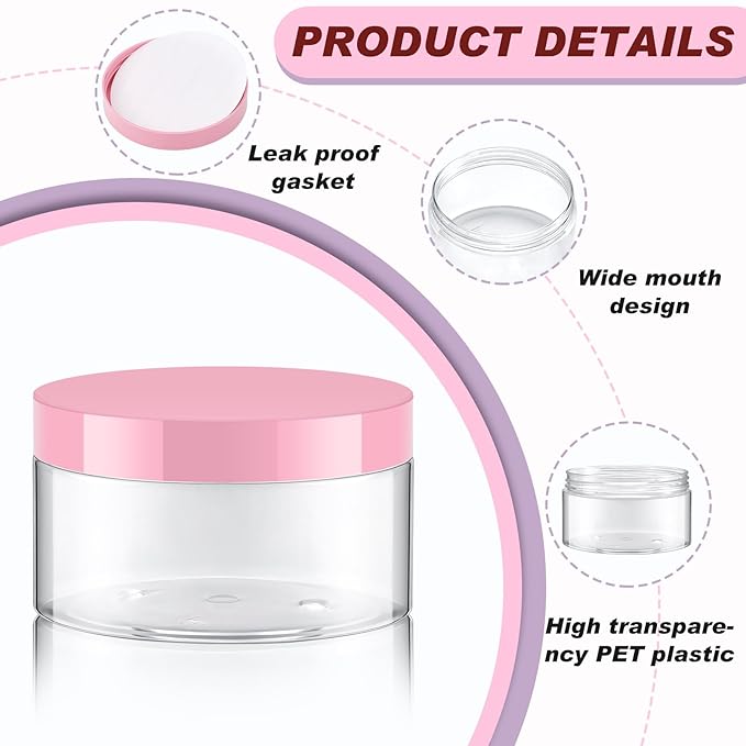 Dandat 24 Pcs 8 oz Plastic Jar Container with Lid and Label Refillable Empty Round Clear with Colourful PET Cosmetic Sample Containers for Lotion, Cream, Ointments, Body Butter, Makeup, Travel Storage