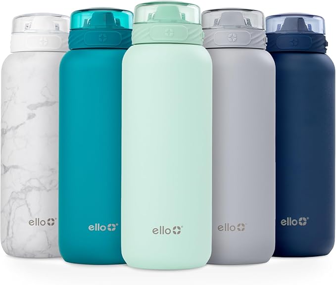 Ello Cooper 40oz Stainless Steel Water Bottle with Straw and Carry Handle, Double Walled and Vacuum Insulated Metal, Leak Proof Locking Lid with Soft Silicone Spout, Reusable, BPA Free, Yucca