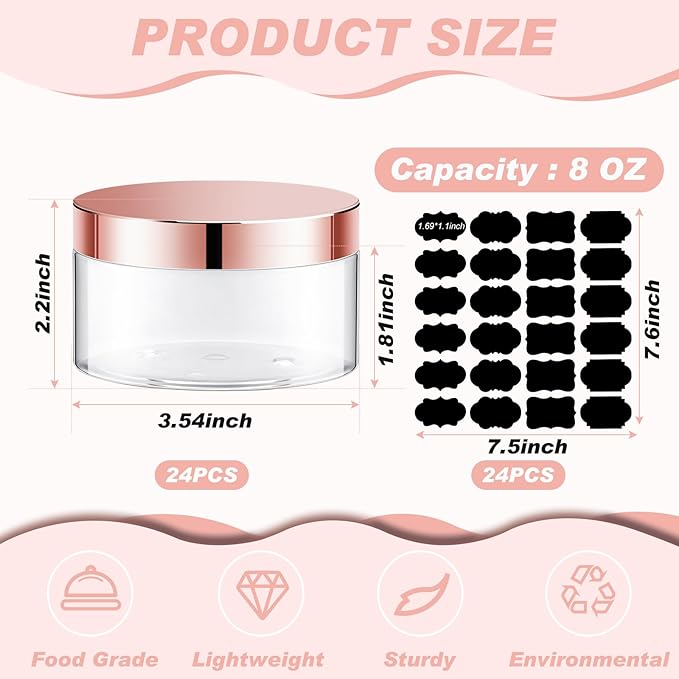 Dandat 24 Pcs 8 oz Plastic Jar Container with Lid and Label Refillable Empty Round Clear with Rose Gold PET Cosmetic Sample Containers for Lotion, Cream, Ointments, Body Butter, Makeup, Travel Storage