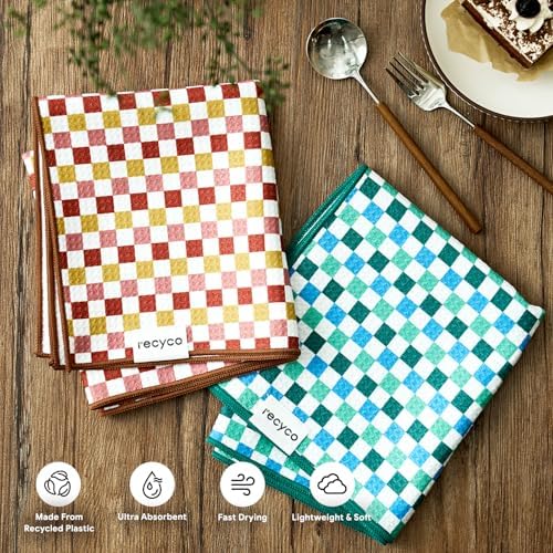 RECYCO Waffle Kitchen Towel Set of 2 - Quick Dry Microfiber Sustainable Dish Towels - Ultra Absorbent Reusable Cleaning Tea Towels - Lightweight Hand Towels,16”x 28”, Checkerboard Bliss - Image 3