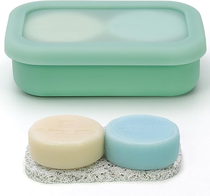 OZNER Silicone Travel Soap Case for Two Bars, Leak Proof Shampoo Bar Holder Compatible with Kitsch Bars, Soap Container with Drainage Layer for Bathroom, Camping, and Gym, Easy to Clean (Green-Large)
