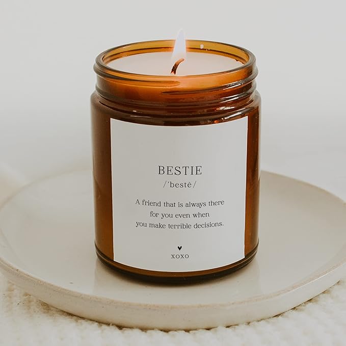 ThreeKin Bestie Candle Gift for Women. Unique Best-Friend Gifts, Lavender Handmade Scent 100% Soy Wax Perfect for Sister, Mom, Daughter, Best Friend, BFF Bday, 9oz Amber Jar, 65 Hour Burn