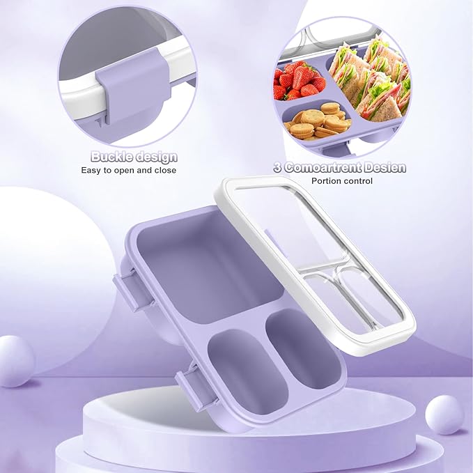 2 Pack Bento Lunch Box,Bento Box for Adults,29oz with 3 Compartments lunch box,for Trvael (Pink & Purple)