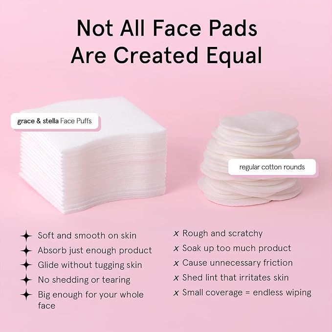 grace & stella Face Pads for Toner, Essence, and DIY Mask (100 Count) - Soft, Lint-Free Makeup Remover Pads - Durable Facial Pad for Skincare - Vegan, Cruelty-Free