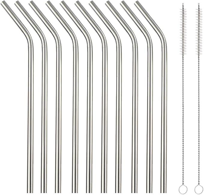 10 Pcs Stainless Steel Straws, Reusable Drinking Straws, Bent Metal Straw Sets with 2 Pcs Cleaning Brushes (Silver, 10.5 Inch)