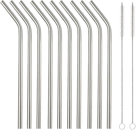 10 Pcs Stainless Steel Straws, Reusable Drinking Straws, Bent Metal Straw Sets with 2 Pcs Cleaning Brushes (Silver, 8.5 Inch)