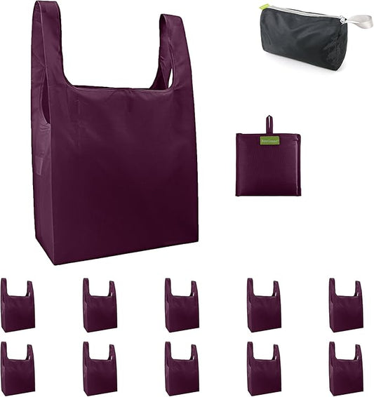 BeeGreen Burgundy Reusable Grocery Bags with Zipper Storage Pouch 10 Packs Wine Red Reusable Shopping Bags Bulk with Elastic Band Foldable-Machine Washable