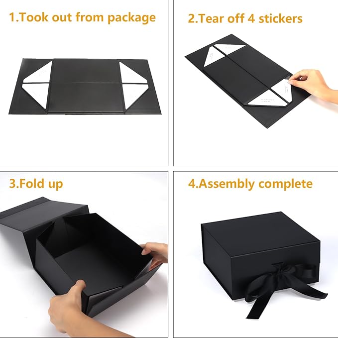 Giftgarden 4 Pack 8”x8”x4” Black Gift Boxes with Ribbon Magnetic Lids, Square Collapsible Gift Wrap Box Magnet Clourse for Present, Christmas, Birthday, Wedding, Valentines, Bridesmaid Proposal Box
