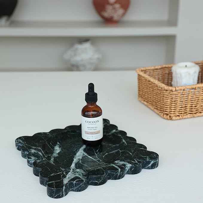 Natural Travertine Tray with Scalloped Edge, Vanity Decorative Tray for Countertop Organizer, Catchall Tray for Perfume, Candles, Jewelry Dish