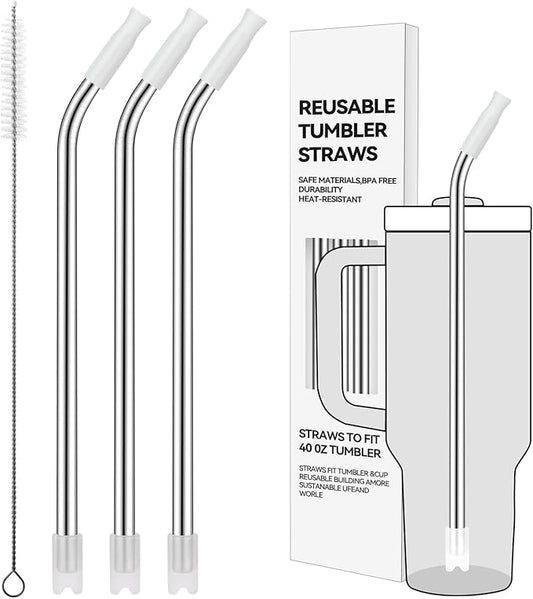 Reusable Stainless Steel Straws with Silicone Tip for Stanley 40oz, Metal Drinking Straws for 40oz Tumbler,3 Bent Tubes & 6 Tips& 1 Cleanr Brush (Transparent)