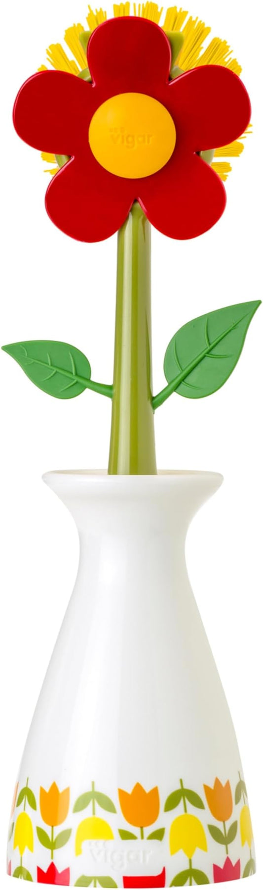 Vigar Flower Power Dish Brush with Vase Brush Holder, Dish Brush with Handle for Pot Scrubber, Dishes, Sink, and Kitchen Essentials, White, Red