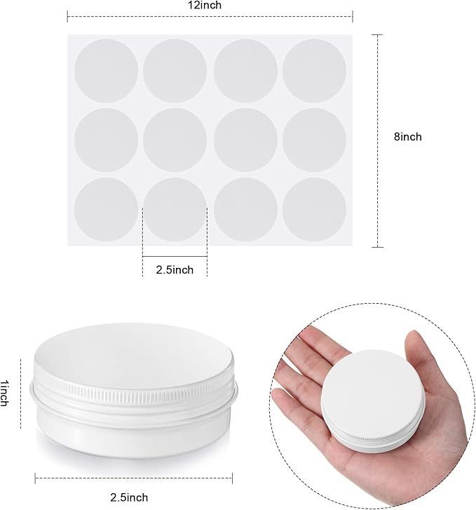 Patelai 72 Pcs 2 oz Aluminum Tins Salve Containers with Screw Lid and Labels Round Cans Travel Cosmetic Metal Tins Jar for Candles Lotion Bars Balms Food Spice Candies DIY Crafts(White)