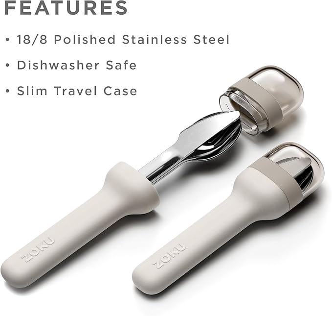 ZOKU Pocket Utensil Set, Grey - Stainless Steel Fork, Knife, and Spoon Nest in Case - Portable Design for Travel, School, Work, Picnics, Camping and Outdoor Home Use