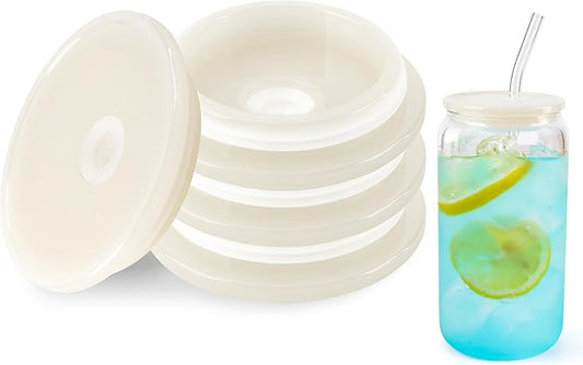 Joyclub 4 Pack Acrylic Lids for 16 oz Glass Cups with Bamboo Lids and Straws Reusable Iced Coffee Cup Beer Can Drinking Glasses for Smoothie Whiskey Boba Soda Tea Gift (Cream White)