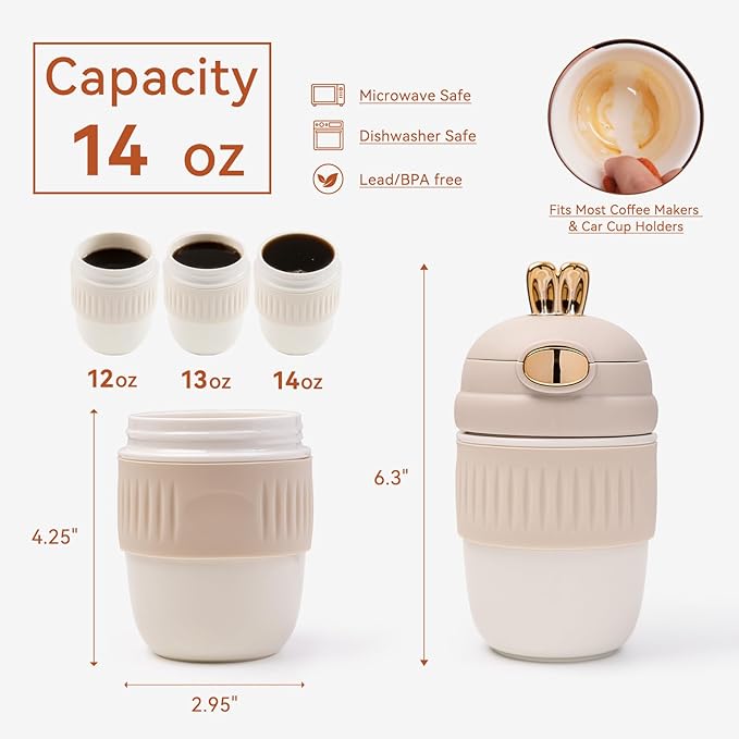14oz Ceramic To Go Coffee Mug with Rabbit Ear Design - Threaded Leakproof Lid & Silicone Sleeve - BPA-Free, Microwave Safe for Car Cup Holders, Office & Gifts for Coffee Lovers