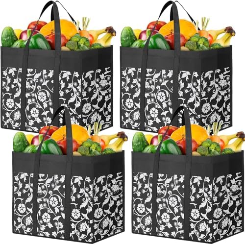 Reusable Grocery Bags Foldable Tote Bags bulk Shopping Bags 4-Pack, Black by WOWBOX