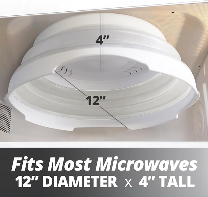 HOVER COVER High Power Magnetic Microwave Splatter Cover with Strongest Magnetic Grip, Collapsible 12-Inch BPA-Free Food Lid, Vented Plate Guard, Dishwasher Safe Space-Saving Storage - White
