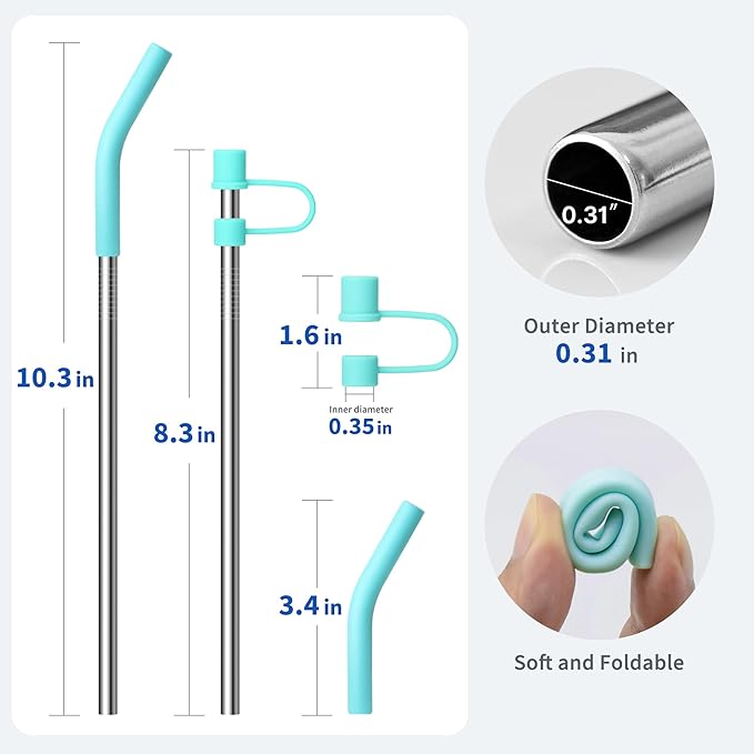 Metal Straws for 14 oz, 20 oz Stanley Tumbler, Reusable Stainless Steel Straws with Silicone Tips for Yeti 20 oz Tumbler, 2 Clean Brush