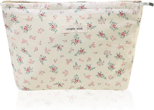 Wudygirl Flower Makeup Bag Cosmetic Bag for Women and Girls Large Capacity Makeup Pouch Aesthetic Cute Makeup Bag Canvas Toiletry Bag Pencil Pouch with Zipper (Beige and Small Floral)