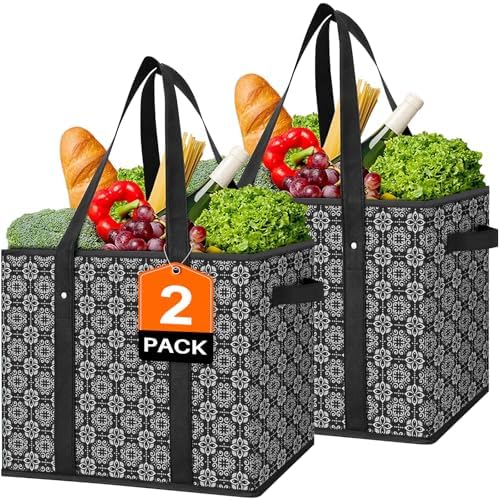 Reusable Grocery Bags 2 Pack, Foldable & Water Resistant Shopping Bags by WiseLife