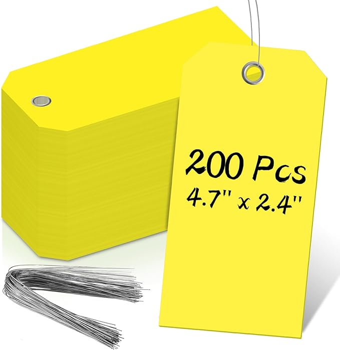 200 PCS 4 3/4" x 2 3/8" Neon Color Shipping Tags with Wire Paper Heavy Duty Hang Tags with Reinforcement Holes Writable Luggage Tag with String Durable Marking Tags (Neon Yellow, 4 3/4" x 2 3/8")