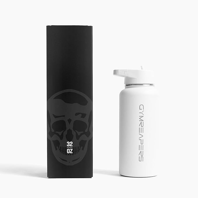 Gymreapers Insulated Water Bottle - Stainless Steel 32 Oz, 3 lids (Straw, Chug, Canteen), Double Walled Vacuum Insulation, Thermo Mug Cold Hot - Durable Powder Coated Finish