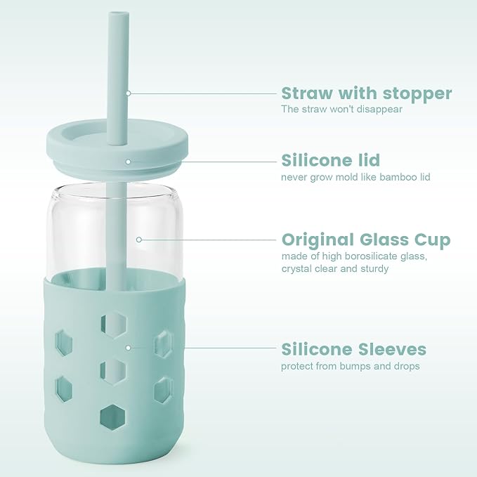 Glass Cups with Lids and Straws (4 Pcs), 16oz Drinking Glasses Set with Silicone Sleeves for Coffee Bar Accessories Iced Coffee Cups with Lids, Glass Tumbler Reusable for Gifts