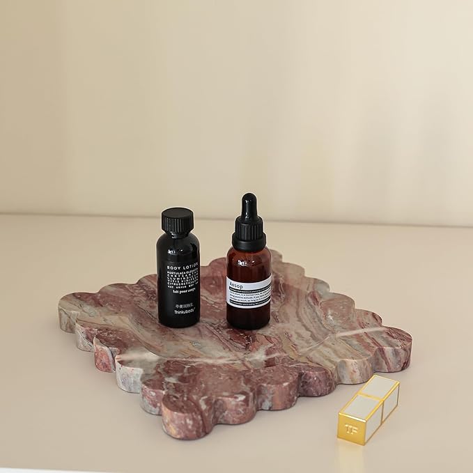 Natural Travertine Decorative Tray with Scalloped Edge, Marble Vanity Tray for Countertop Organizer, Catchall Tray for Perfume, Candles, Jewelry Dish