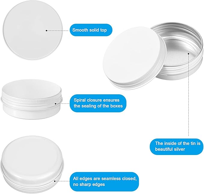 Patelai 72 Pcs 2 oz Aluminum Tins Salve Containers with Screw Lid and Labels Round Cans Travel Cosmetic Metal Tins Jar for Candles Lotion Bars Balms Food Spice Candies DIY Crafts(White)
