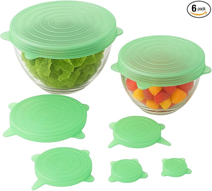 6 Pack Silicone Stretch Lids Reusable | Green Food Grade Bowl Covers for Kitchen | Airtight Seal for Food Storage | BPA Free Eco Friendly Stretchable Lid Set for Containers, Cups, Cans, Fruits