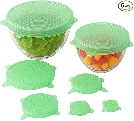 6 Pack Silicone Stretch Lids Reusable | Green Food Grade Bowl Covers for Kitchen | Airtight Seal for Food Storage | BPA Free Eco Friendly Stretchable Lid Set for Containers, Cups, Cans, Fruits