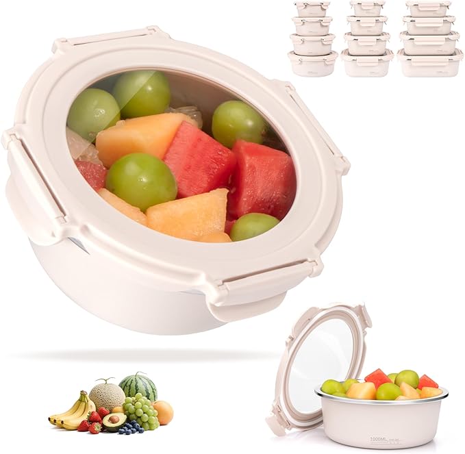 34oz Stainless Steel Lunch Box With Leakproof Tempered Glass Lids Microwavable Stainless Steel Food Storage Containers Stackable Freezer Fruit Snack Meal Prep Metal Bento Box for Travel Picnic Round