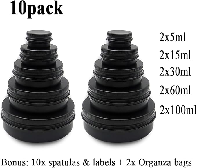10pack Aluminum Tin Jars 60ml, 15ml Black Empty Container, 30ml Travel Makeup Tin 100g Pot, 2oz Refillable Small Cosmetic Cans for DIY Cream Sample Powder Candle Tea Paint Slime (mixed size)