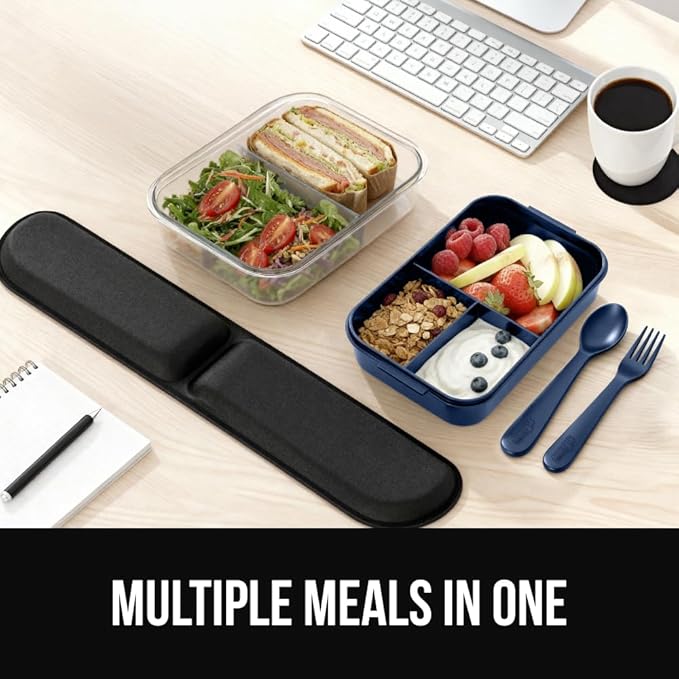 GORILLA GRIP BPA-Free Leakproof 5-Compartment Bento Lunch Box for Adults, Kids, Holds 10 Cups, Microwave Safe Hot and Cold Food Containers, Easy to Carry Lid Includes Built-In Utensils Set, Navy
