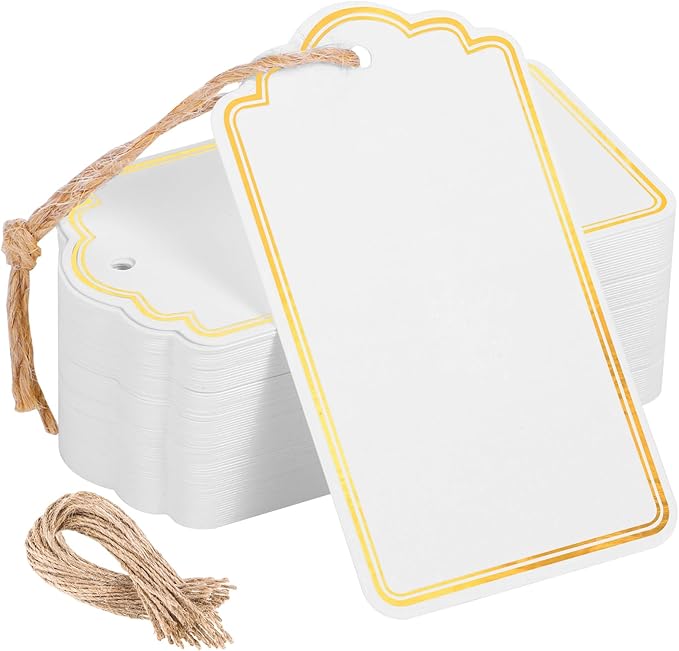 120 PCS Gift Tags with String Gold Foil Metallic Gift Tags Writable Blank Tag for Valentine's Day Baby Shower Birthday Wedding Presents Labeling DIY Craft Project 3.5''×2''