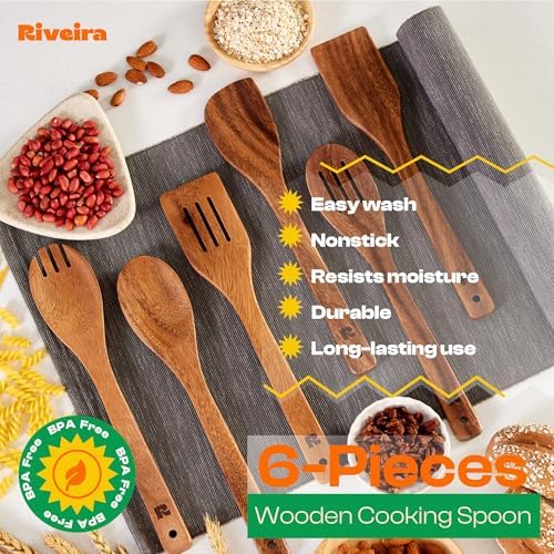 Riveira Walnut Wooden Spoons for Cooking Set of 6 – Natural Walnut Wooden Cooking Utensils, Spatula, Spoon - Premium Quality Utensil Set for Non-Toxic Cooking - Image 5