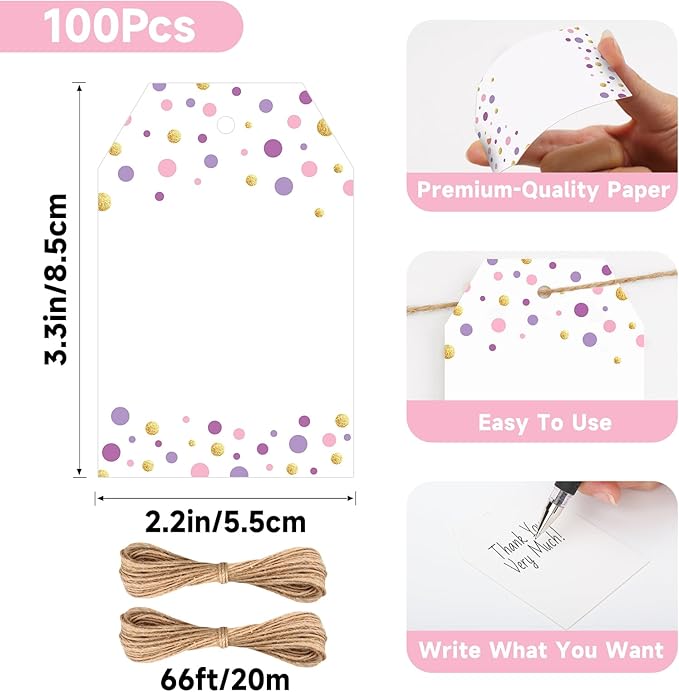 Anwyll Gift Tags with String - 100Pcs Purple Gold Confetti Polka Dot Gift Bag Tags Personalized White Blank Hanging Paper Label Tag for Birthday Party Bridal Shower Wedding Mothers Day Favors Present