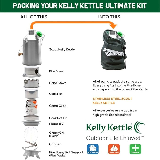 Kelly Kettle® Ultimate 'Scout' Kit VALUE DEAL | 41oz Steel Camp Kettle, Cook Set, Hobo Stove, Cups, Plates, Base Support | Use Sticks to Boil & Cook Fast | Camping, Fishing, Picnics, Emergencies
