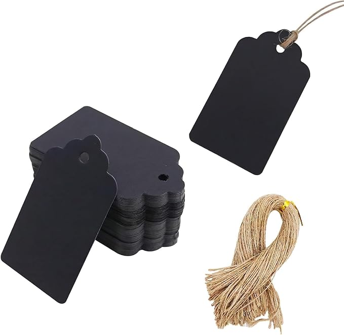 SallyFashion 100pcs Gift Tags with String Attached, 1.5 x 2.8 inch Black Gift Tags Paper Black Labels for Clothes DIY Crafts Wedding Holiday