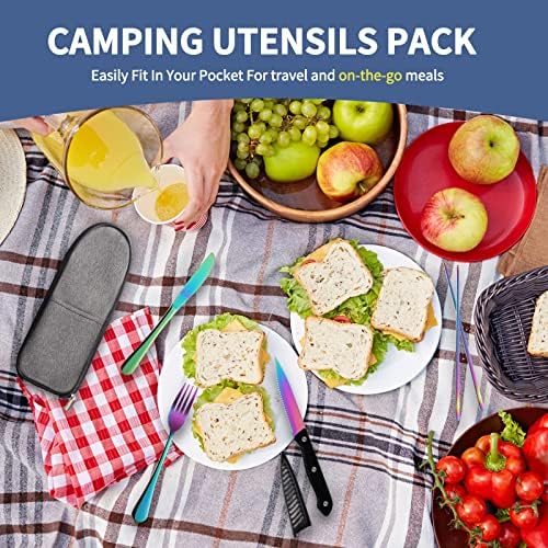 Logcow Travel Utensils Set with Case, 10-Piece Reusable Stainless Steel Camping Cutlery, Portable Fork Spoon Knife Chopsticks & Straw for Work, Lunch, Picnic (Rainbow) - Image 3