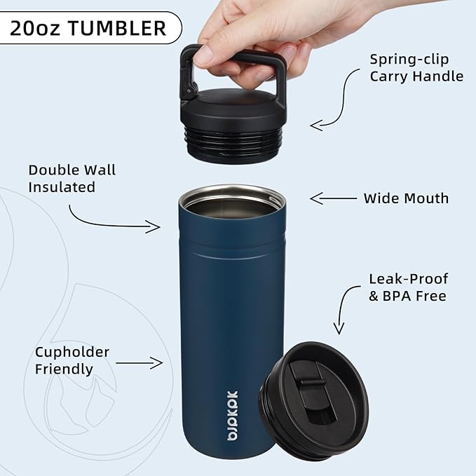 BJPKPK Insulated Water Bottle with 2 Lids,20 oz Double Wall Stainless Steel Vacuum Tumbler Travel Coffee Mug,Wide Mouth Thermal Cup,Navy Blue