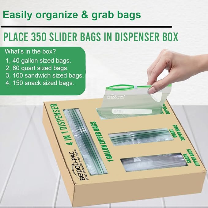 Combo Slider Storage Bags, 350 Count Resealable Variety Pack with Organizer, Reclosable Clear Plastic Snack, Sandwich, Quart,Gallon Size Bags (Variety Pack)