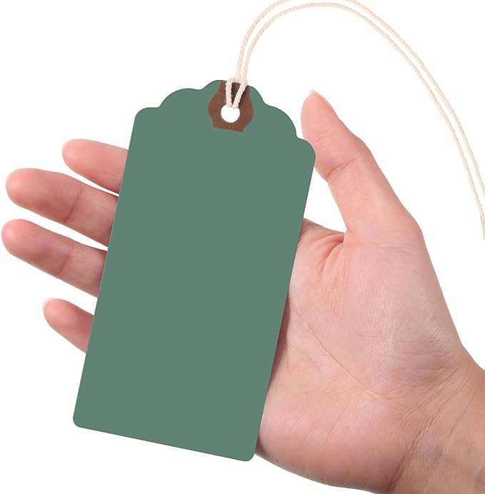 Outus 60 Pcs 4 3/4-in x 2 3/8-in Blank Large Paper Gift Tags with String and Reinforced Eyelet Wire Writable Price Tags Shipping Labels Inventory Labels(Gradient Green)