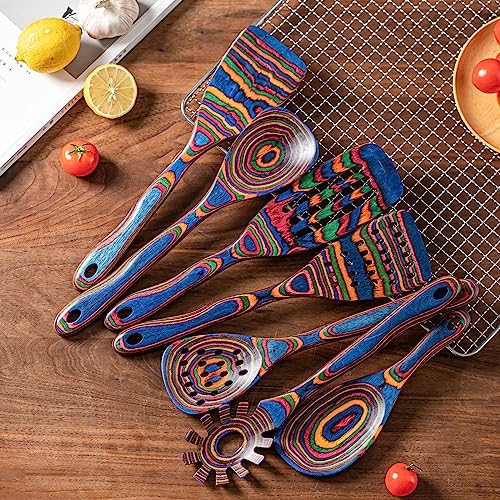 Gudamaye Pakka wood 7-Piece Blue Wooden Cooking Utensils, Wooden Spoons for Cooking, Wooden Spoon Set, Wooden Kitchen Utensil set, Pakkawood Cooking Spoons, Non-Stick Spoon,Pakkawood kitchen utensils - Image 2