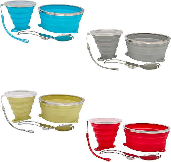 Mess Kit for Camping Silicone Collapsible Bowl Collapsible Cup and Stainless Steel Spoon for Backpacking Outdoor Hiking Traveling and Picnic - 4 Pack