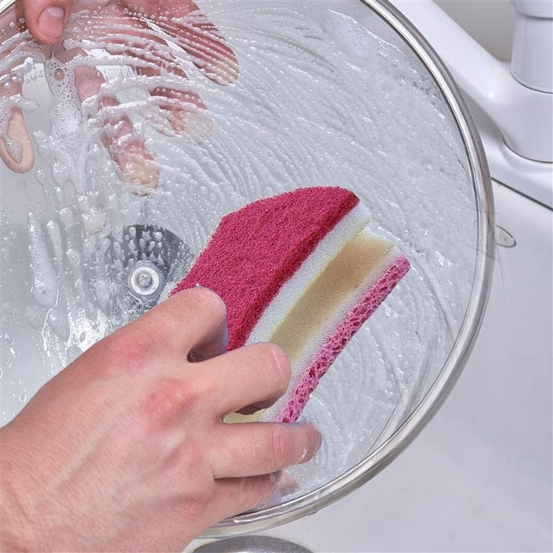 Non-Scratch Scrub Sponge with A Comfortable Grip, Heavy Duty Duel Sided Kitchen Scrubber Sponge Cellulose Scrub Sponge, Scratch Free, with Scouring Pad Set, 1 Sponge,Red/Pink - Image 6