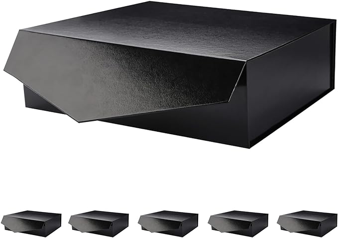 PACKHOME 6 Large Gift Boxes with Lids 13.5x9x4.1 Inches, Sturdy Collapsible Gift Boxes with Magnetic Closure (Glossy Black, Grass Texture)