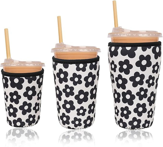Reusable Insulated Neoprene Iced Coffee Cup Sleeve, Durable Drink Sleeve for Cold Beverages, Beverage Holder for Iced Coffee, Black Flowers