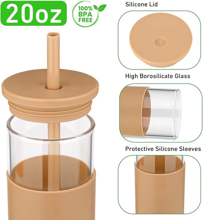 Tronco 20 oz Glass Tumbler With Lids and Straws, Reusable Smoothie Cups With Silicone Lid, Iced Coffee Cup With Silicone Protective Sleeve, Dishwasher Safe- BPA Free（Pink1 Count）