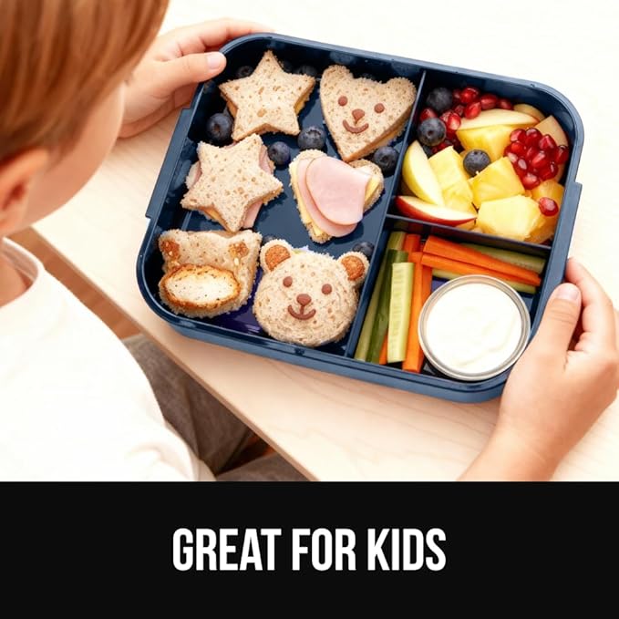 GORILLA GRIP BPA-Free Leakproof 5-Compartment Bento Lunch Box for Adults, Kids, Holds 10 Cups, Microwave Safe Hot and Cold Food Containers, Easy to Carry Lid Includes Built-In Utensils Set, Navy